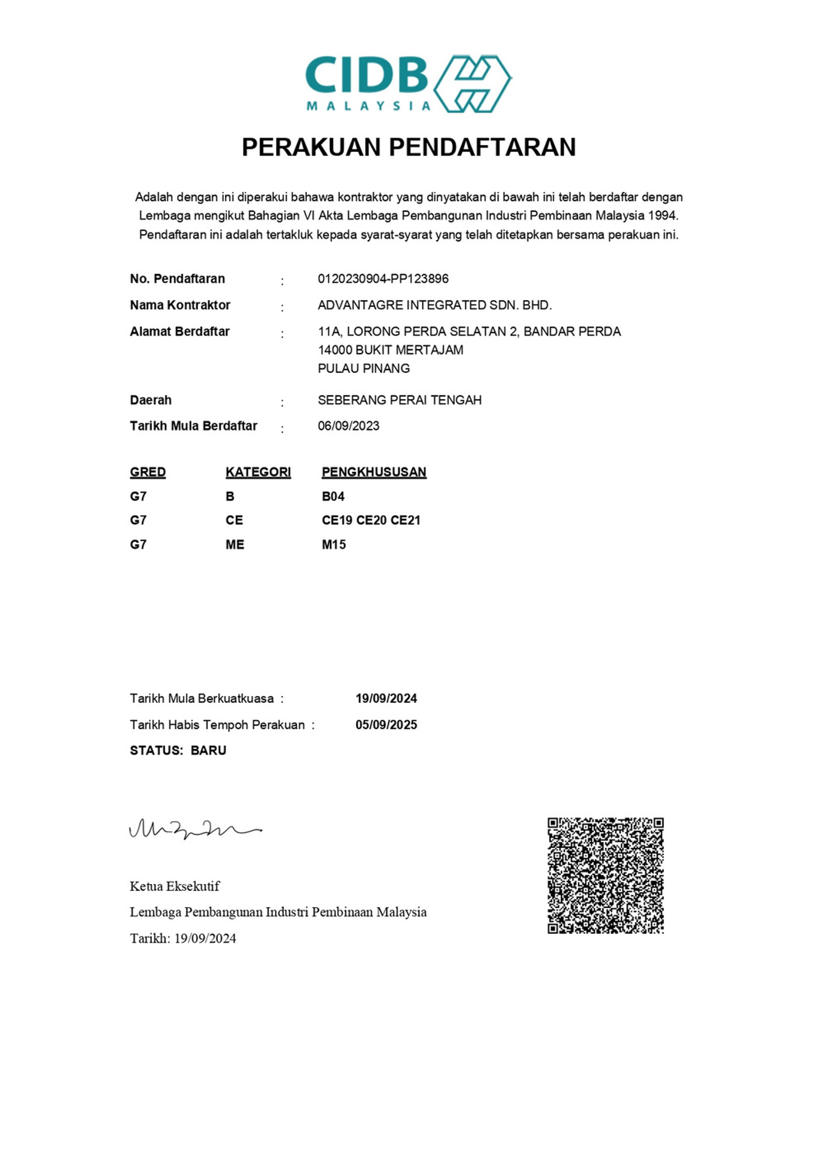 CIDB Registration Certificate