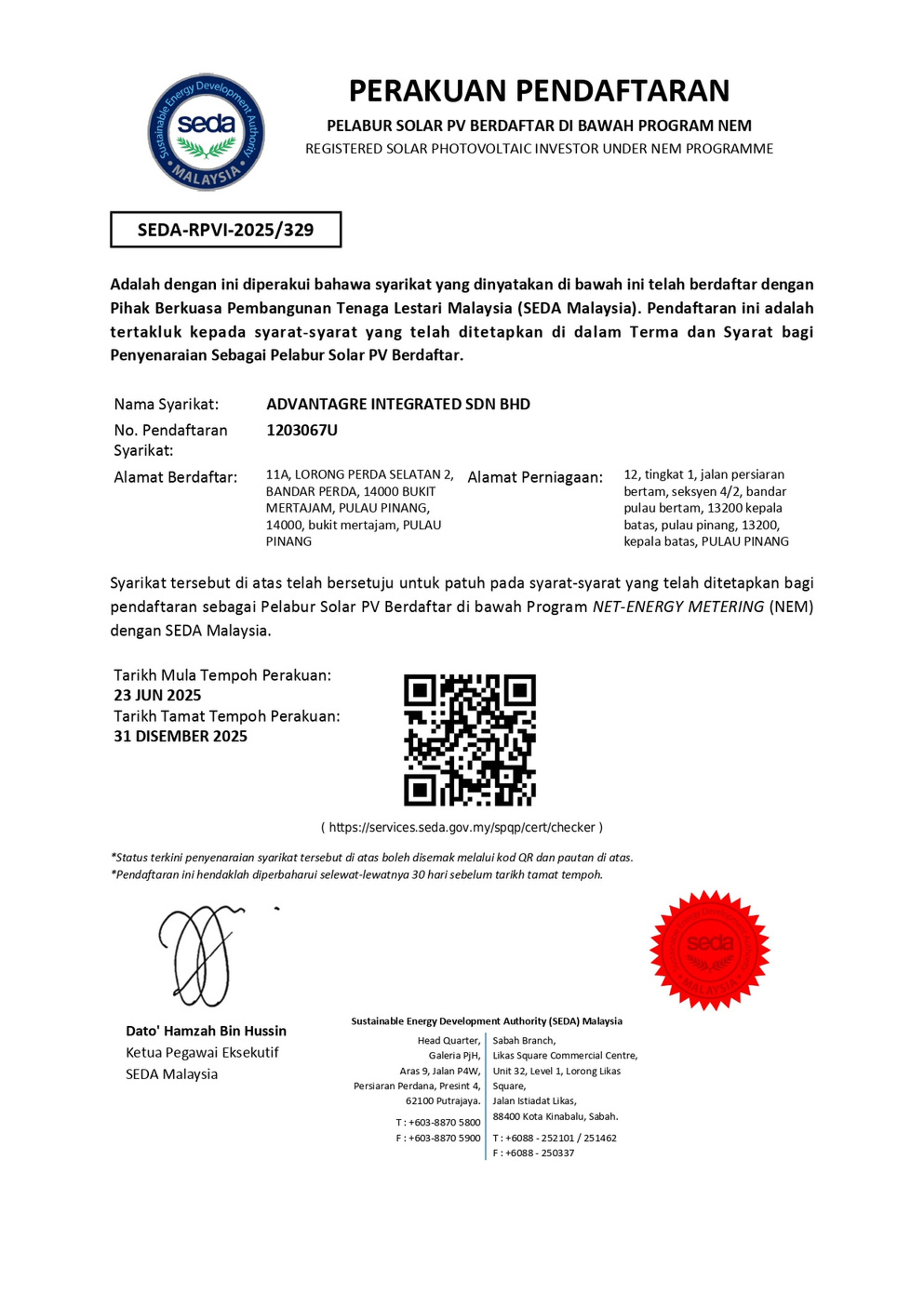 SEDA Registration Certificate